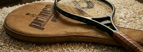Raquette de tennis vintage Prince Original Graphite posée sur sa housse en cuir marron